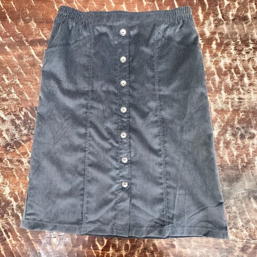 Allison Daley Corduroy Skirt 8P Petite Gray Button Front Stretch Mid Length